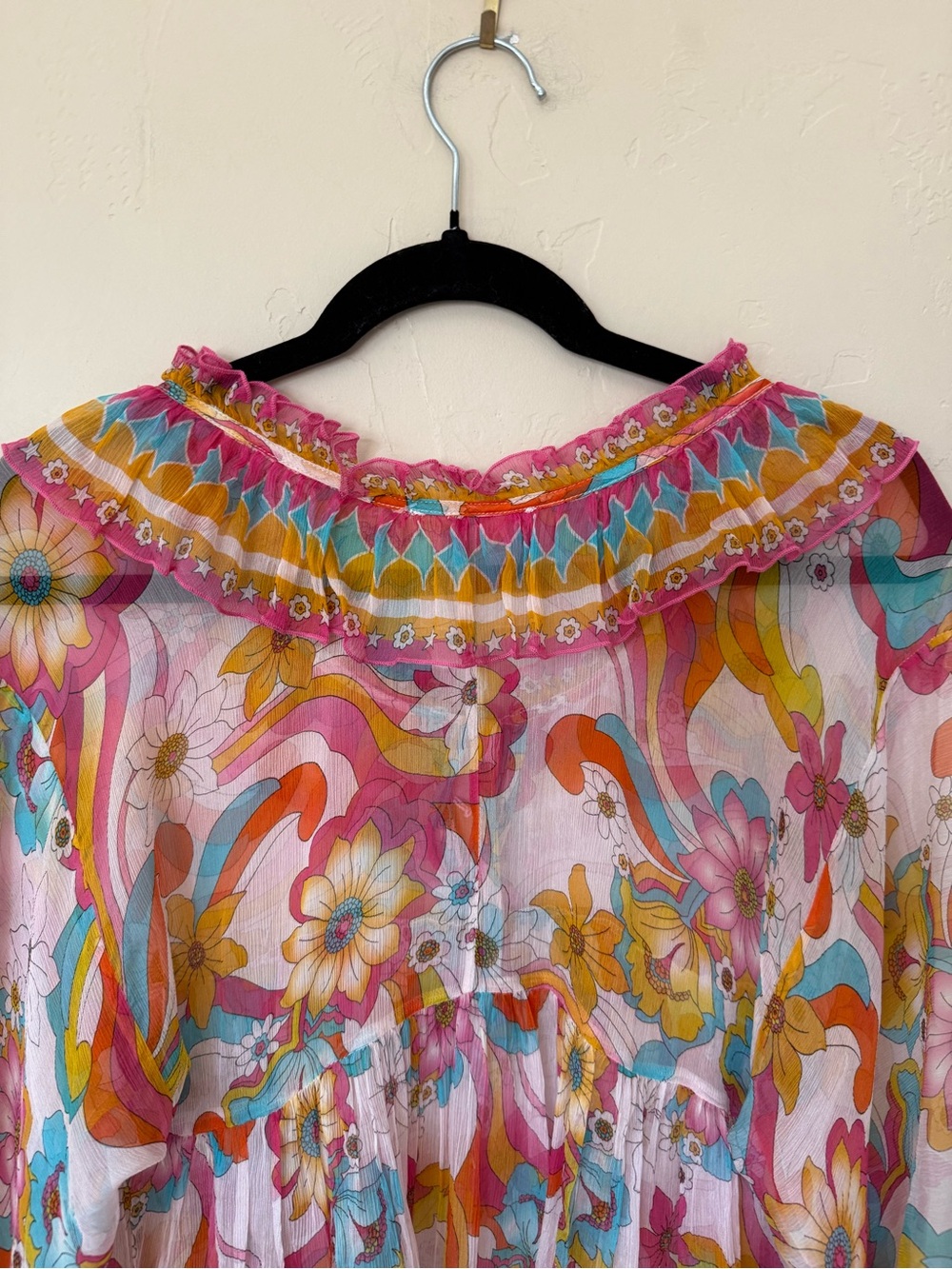 Silk Floral Boho Blouse Johnny Was Jade Gal Ruffle Tie Prismatic Dream XS - Picture 10 of 12